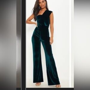 Pretty Little Thing Velvet Green Wide Leg Jumpsuit